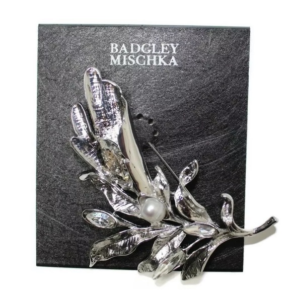 Badgley Mischka Silver Pearl Stone Leaf Pin Brooch - Picture 5 of 5